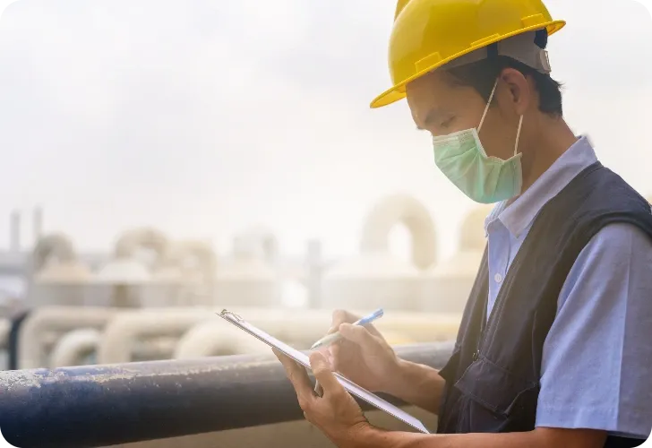 Trabalhador industrial usando capacete amarelo e máscara facial, escrevendo em uma prancheta com um fundo de fábrica desfocado.